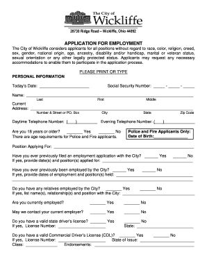 City of Wickliffe Employment Application
