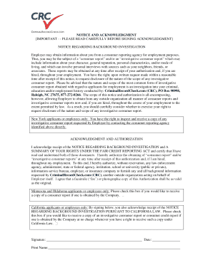 Background Investigation Notice and Acknowledgment