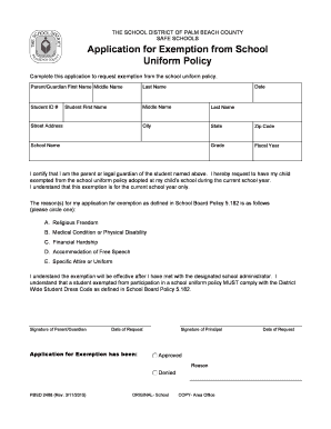 School Uniform Policy Exemption Application