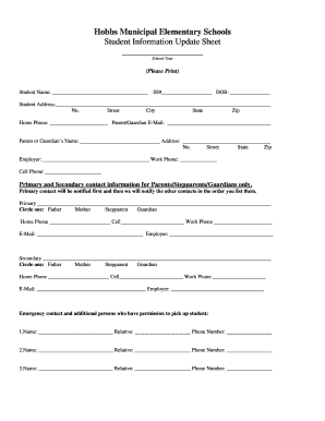 Student Information Update Sheet