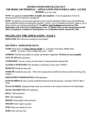 Boise Air Terminal Sterile Area Access Badge Application