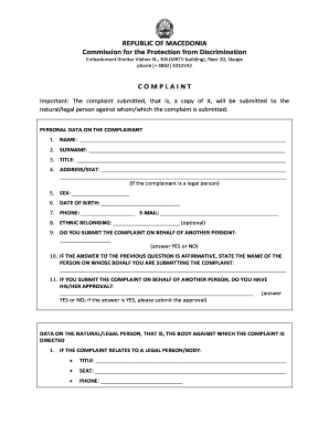 Macedonia Discrimination Complaint Form
