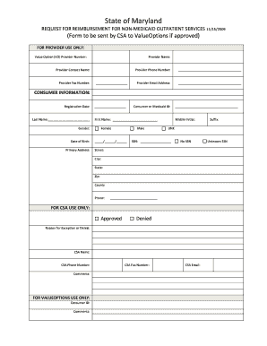 Maryland Reimbursement Request for Non-Medicaid Outpatient Services