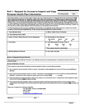 Request for Access to Inspect and Copy Personal Health Plan Information Form