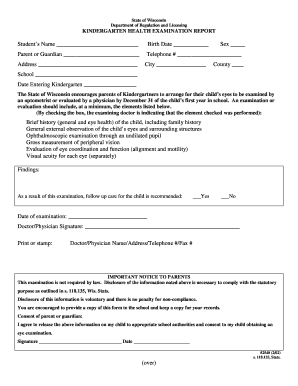 Wisconsin Kindergarten Health Examination Report