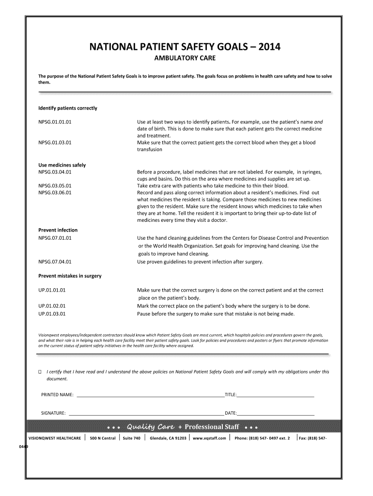 Fillable Online The purpose of the National Patient Safety Goals is to
