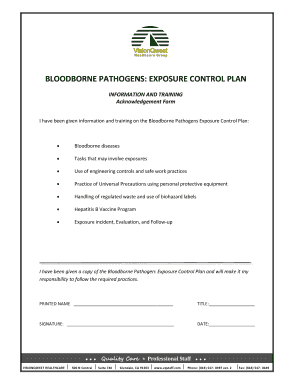 Bloodborne Pathogens Exposure Control Plan Acknowledgement Form