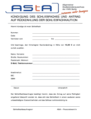 KÜNDIGUNG DES SCHLIEßFACHES UND ANTRAG AUF RÜCKZAHLUNG DER SCHLIEßFACHKAUTION