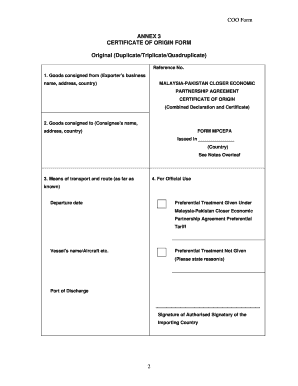 Certificate of Origin Form