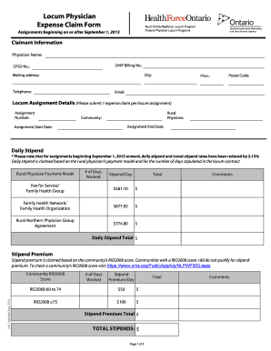 Ontario Rural Family Medicine Locum Expense Claim Form