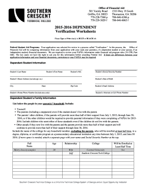 2015-2016 Dependent Verification Worksheet