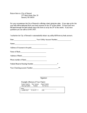 City of Seward Bank Deduction Authorization Form