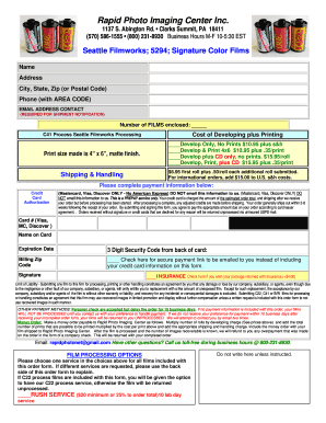 Rapid Photo Imaging Film Processing Order Form