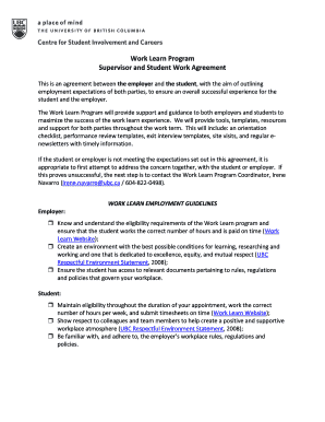 Work Learn Program Supervisor and Student Work Agreement