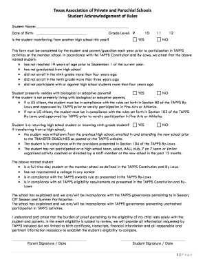 Texas Student Acknowledgement of Rules Form