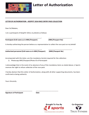 Letter of Authorization for Race Entry Pack Collection