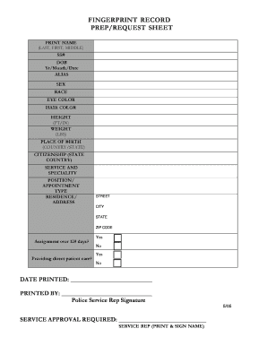 Fingerprint Record Request Sheet
