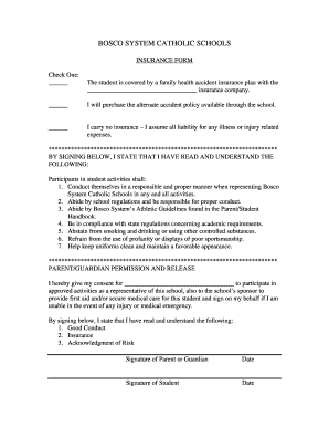 Bosco System Catholic Schools Insurance Form