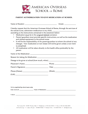 Parent Authorization to Give Medication at School