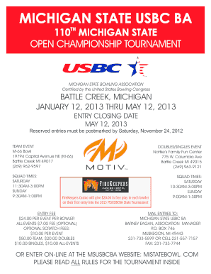 Michigan State Bowling Tournament Entry Form