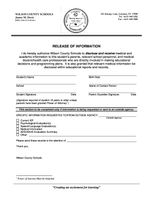 Wilson County Schools Release of Information Form