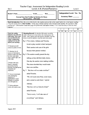Teacher Copy Assessment for Independent Reading Levels
