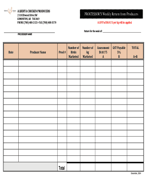 Alberta Chicken Producers Weekly Return Form