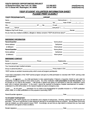 YSOP Student Volunteer Information Sheet