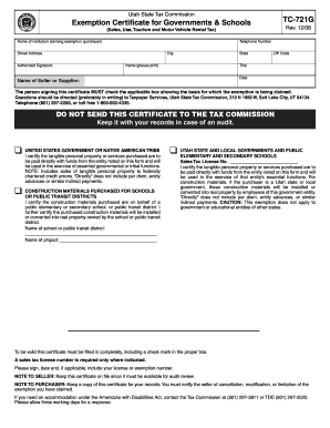 Utah State Tax Exemption Certificate for Governments and Schools
