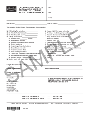 Occupational Health Activity Prescription Form