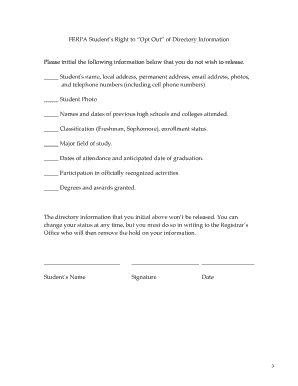 FERPA Student Directory Information Opt-Out Form