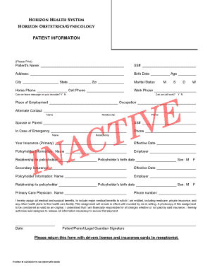 Horizon Health System Patient Information Form