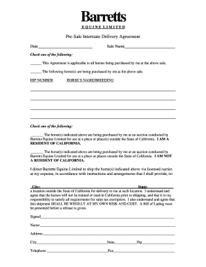 Barretts Equine Limited Pre-Sale Interstate Delivery Agreement