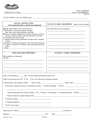 Home Health Care Plan of Care Worksheet