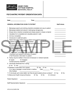 Psychiatric Patient Orientation Data Form