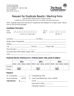 Royal Conservatory Duplicate Results Request Form