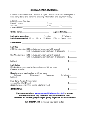 MOSI Birthday Party Reservation Form