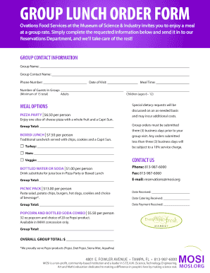 Museum of Science & Industry Group Lunch Order Form