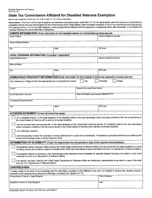 Michigan Disabled Veterans Property Tax Exemption Affidavit
