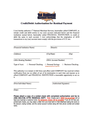 Credit/Debit Authorization for Residual Payment