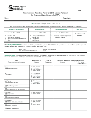 Requirements Reporting Form for 2016 Licence Renewal for Advanced Care Paramedic