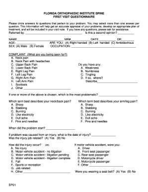 Florida Orthopaedic Institute Spine First Visit Questionnaire