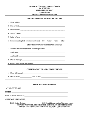 Oscela County Birth, Marriage, Death Certificate Request