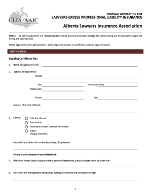 Lawyers Excess Professional Liability Insurance Renewal Application
