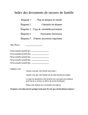 Index des documents de secours de famille