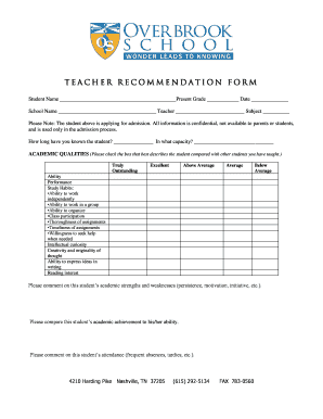 Teacher Recommendation Form