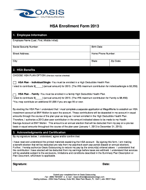 HSA Enrollment Form 2013