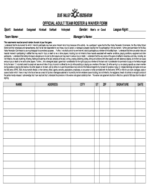 Adult Team Roster and Waiver Form