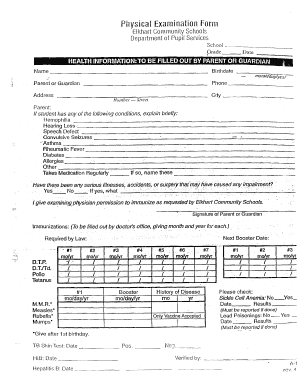 Elkhart Community Schools Physical Examination Form