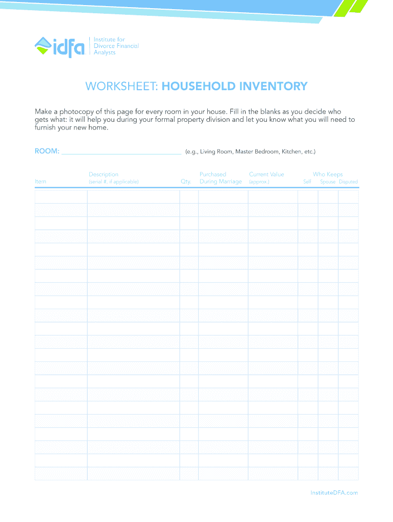 Fillable Online Household Inventory Worksheet Institute for Divorce